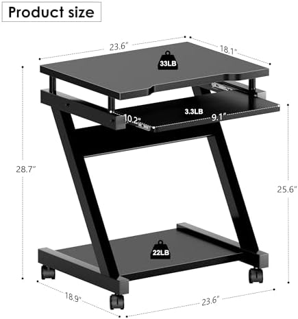 sogesfurniture Mobile Computer Desk with Pull-Out Keyboard Tray & Wheels