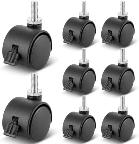 BBTO 8 Pcs 1 Inch M6 Swivel Stem Casters Wheels Replacement, M6 Threaded Stem Caster with Brake, Heavy Duty 360° Standing Desk Wheels, No Noise, Black Nylon, for Cart Furniture Table Cabinet Shelf