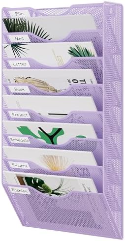 EasyPAG 8 Pocket Mesh Wall File Organizer, Hanging Paper Folder Holder with Classify Label, Vertical Wall Mount Mail Organizer for Office Home Classroom, Purple