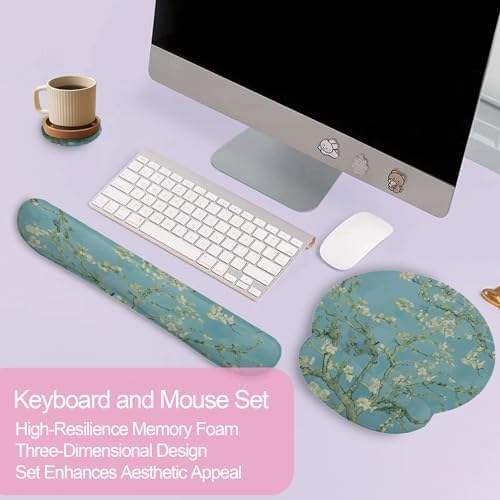 Blossoming Almond Tree Keyboard Wrist Rest Pad and Mouse Pad Wrist Support Set,White Flower 3-in-1 Ergonomic Mouse Pad with Non-Slip Rubber Base for Home Office Game Computers Desk,