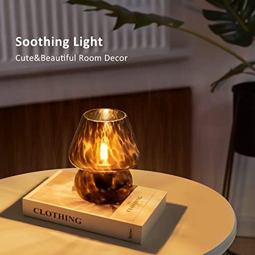 ONEWISH Mushroom Lamp Small Vintage Table Lamp for Bedroom Set of 2, Nightstand Bedside Lamp Translucent Glass Dimmable, Murano Aesthetic Home Decor for Living Room Kitchen Dorm(Black)