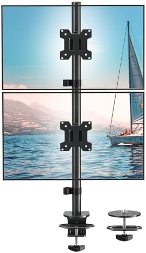Stable Vertical Dual Monitor Stand, Stacked Monitor Mount for 2 Screens Up to 32 inch, Full Motion Monitor Desk Mount with Swivel, Tilt, Rotation, Holds 17.6 lbs Each, Max VESA 100x100mm