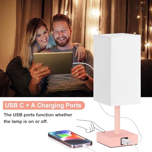 Touch Table Lamp for Bedroom - Dimmable, USB C+A, White Lamphade Pink Base