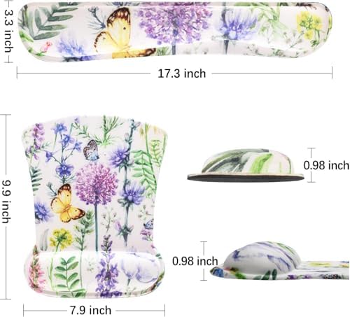 Keyboard Pad Wrist Rest Mouse Pad, ToLuLu Gel Ergonomic Mouse Pads for Computer Laptop Office, Mousepad Keyboard Wrist Support Memory Foam for Easy Typing & Pain Relief, Purple Floral Yellow Butterfly