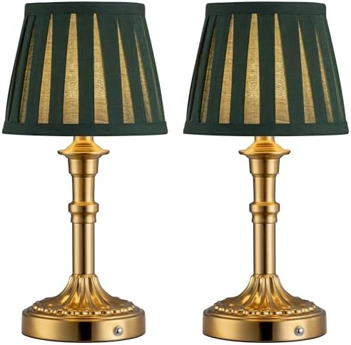 KDG Gold Cordless Table Lamps Set of 2, Green Fabric Shade Small Desk Lamp