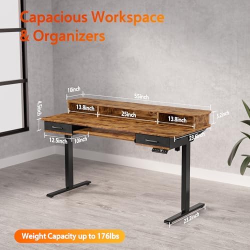 WALKINGDESK 55x24 Inches Electric Standing Desk with Keyboard Tray, Height Adjustable Stand up Desk with 2 Drawers, Ergonomic Sit to Stand Desk with Storage Monitor Stand, Computer Table, Rustic Brown