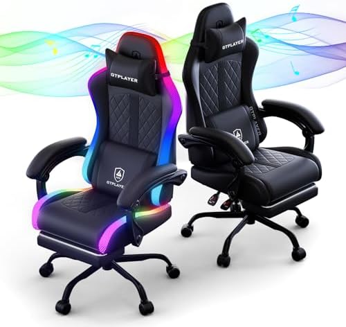 GTPLAYER RGB Gaming Chair with Speakers, Computer Gamer Chair with Footrest and LED Lights, PC Gamer Chairs for Adults, High Back Reclining Office Chairs, Linkage Armrest (Light Black, with Speakers)