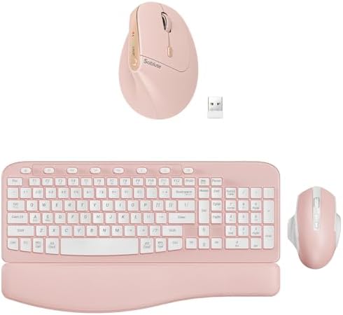 SABLUTE Ergonomic Keyboard and Vertical Mouse Bundle, Pink Wave Keyboard (2 AA Batteries powered) with Cushioned Wrist Rest and Pink Rechargeable Vertical Mouse, Wireless Aesthetic Desk Setup for Home