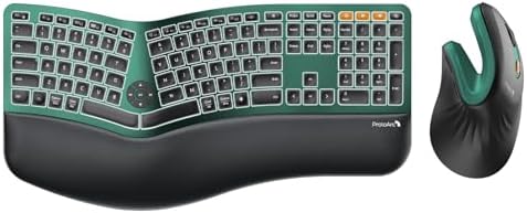 ProtoArc EK01 Plus Backlit Full Size Wireless Ergonomic Keyboard Green and EM11 NL Bluetooth Vertical Mouse Green