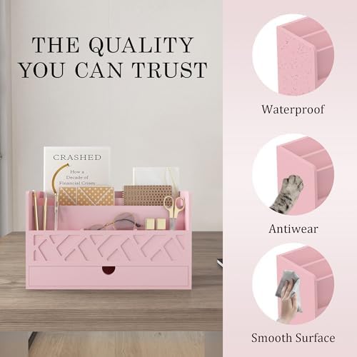 Wisuce Bamboo Mail Organizer with Drawer, Countertop Desk Organizer (Pink)