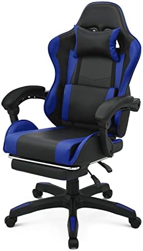 Magshion High-Back Gaming Chair with Footrest, Ergonomic Adjustable Recliner, 360° Swivel PU Leather Computer Chair with Headrest, Lumbar Support and Retractable Footrest for Home Office, Blue