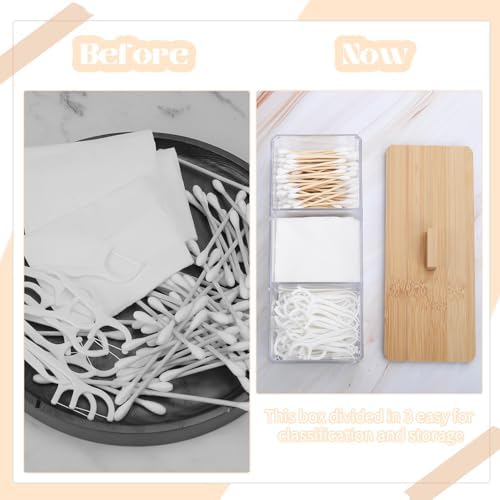 Wood Qtip Holder 3 Compartments Cotton Ball and Swab Holder Organizer with Lid,Jar for Cotton Rounds,Bathroom Containers,Clear Acrylic Desk Organizer for Makeup Pads,Cosmetics Bedroom