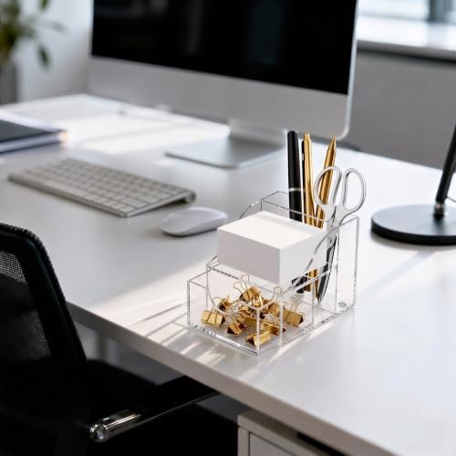 HBlife Acrylic Pen Holder for Desk, 3-Compartment Small Desk Organizer with Drawer, Clear Office Supplies Desk Accessories with Sticky Notes Holder Stores Post It Notes 3X3 for Office, Home and School