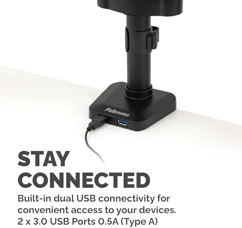 Fellowes Platinum Series Triple Monitor Arm for 27-Inch Monitors, Full Motion, 360° Rotation, VESA Mount with Grommet or Clamp, USB Ports, Ergonomic, Black, 8042601