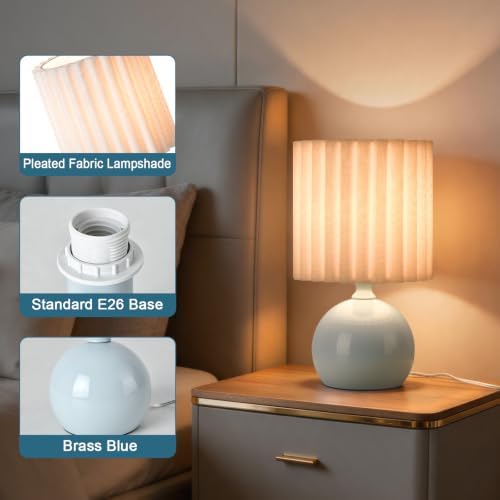 Ziqqeelam Blue Small Table Lamp with Scalloped Linen Shade, Mini Blue Table Lamp for Bedroom Nightstand, Cute Desk Night Light for Living Room, Bookshelf, Kitchen Counter, Kids Room, Office