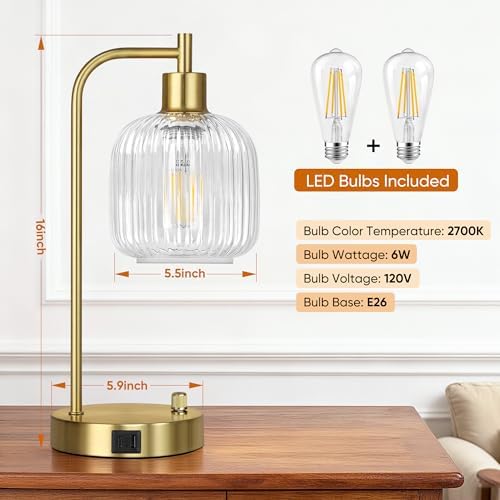 Clear Glass Table Lamps Set of 2, Dimmable Bedside Lamps for Living Room
