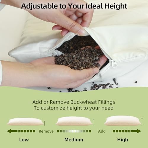 USlixury Organic Buckwheat Pillow 14x20, Adjustable Height, Neck Support