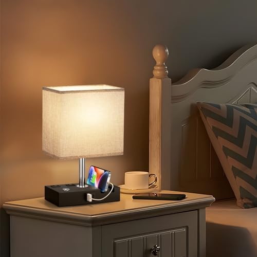 Touch Bedside Table Lamp for Bedroom, 3-Way Dimmable, USB C+A, 2 AC Outlets