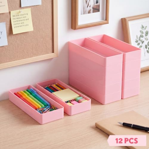 Teling 12 Pcs Pink Plastic Desk Drawer Organizer Pen Tray Shallow