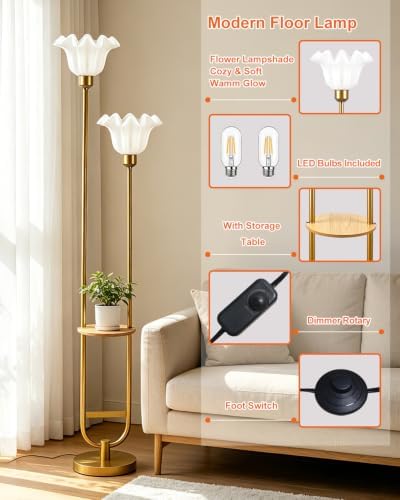 Flower Floor Lamps with Table, 2-Lights Dimmable Floral Floor Lamp, 3000K Warmwhite Modern Floor Lamp, Vintage Gold Standing Lamp with 5Lbs Heavy Base for Living Room Bedroom Girls Room