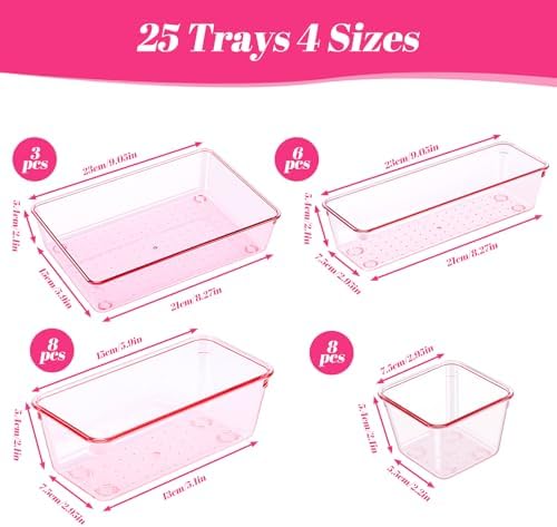 25pcs Pink Plastic Drawer Organizer Set, Clear Stackable Drawer Organizer,Kitchen Drawers Dividers for Bathroom, Office, Kitchen Cabinets and Dressing Tables