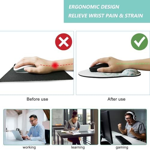 Mouse Pad with Wrist Support, Ergonomic Mouse Pad with Memory Foam Wrist Rest Cushion, Non-Slip Rubber Base Gaming Mice Pad for Home Office Computer Laptop, Green Leaves