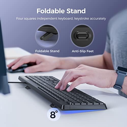 Virfour Wired USB Computer Keyboard, Quiet Keyboard with Multimedia Keys