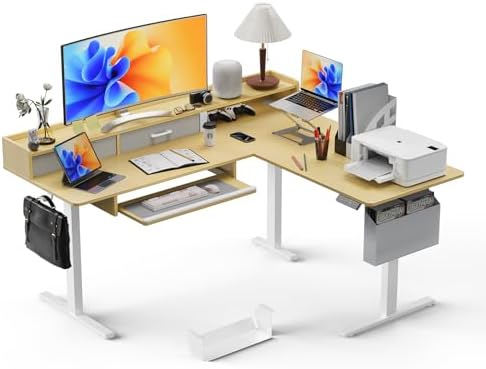 WALKINGDESK 63 Inches L Shaped Standing Desk with Keyboard Tray and 2 Drawers, L Shaped Electric Standing Desk, Adjustable L Shaped Office Desk,Corner Standing Desk for Home Office, Oak