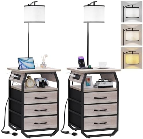runjuly Floor Lamp with Table Set 2, End Table with Light & Charging Greige