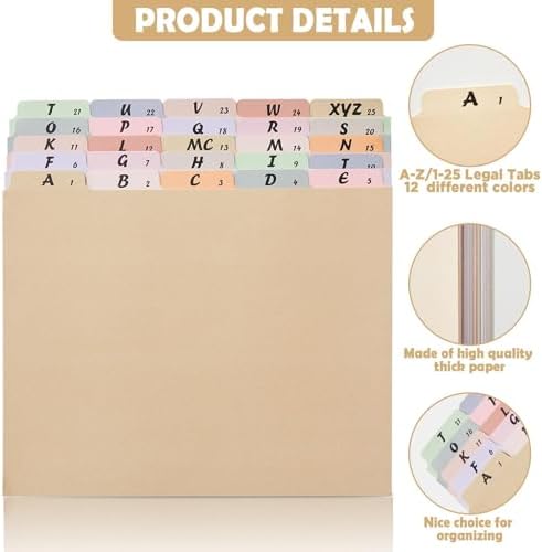 2 Set 50 Alphabet File Dividers A-Z Top Tab File Guides Letter Size 1/5 Cut Tab Manila Alphabetical File Organizer File Cabinet Dividers for Work Office Home School and Desk Organizer（Classic）