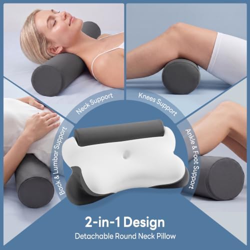 Sweetcrispy Cervical Pillow for Neck Pain, Ergonomic Contour Memory Foam Pillow with Detachable Roll Support, Cooling Breathable Cover for Side Back Stomach Sleepers