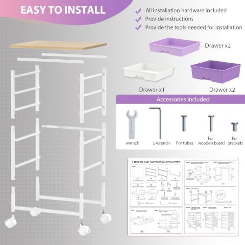 Goovilla Rolling Cart with 5 Drawers for Craft, Art, Dorm, Office, Purple
