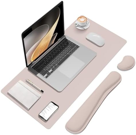 Desk Mat Set， Wrist Rest for Computer Keyboard, 3-in-1 Large Mouse Pad and Keyboard Wrist Rest Set, Non-Slip Desk Mat Protector for Office, Home(27.5×13.8 Inches, CreamPI)