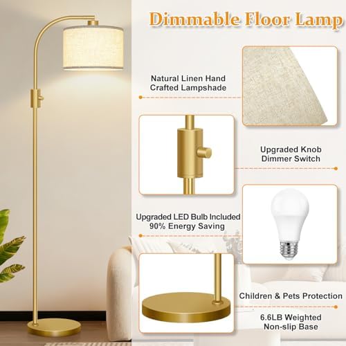 Nintiue Upgraded Modern Arc Dimmable Tall Standing Floor Lamp with Linen Shade, 1200 Lumens LED Bulb Included, for Living & Reading Room, Bedroom, Office & Nursery, Gold