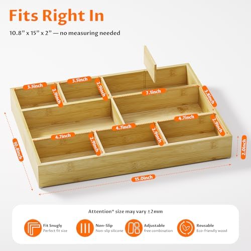 Bamboo Drawer Organizer with 9 Adjustable Compartments, Desk Storage Tray