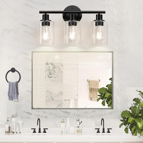Zarbitta 3-Light Bathroom Light Fixtures, 17.23" Black Modern Vanity Lights with Clear Glass Shade, Bathroom Wall Lamp for Mirror Kitchen Living Room Hallway Cabinet Porch