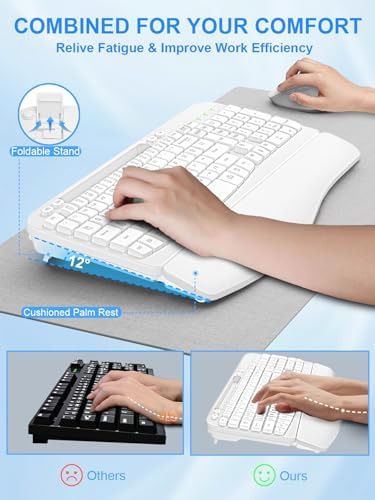 Hayyiesh Ergonomic Wave Keys Wireless Keyboard and Mouse Combo, Full Size with Memory Foam Wrist Rest & Phone Holder, 2.4G Cordless Set with USB-C Adapter for Windows Mac Desktop Laptop (White)
