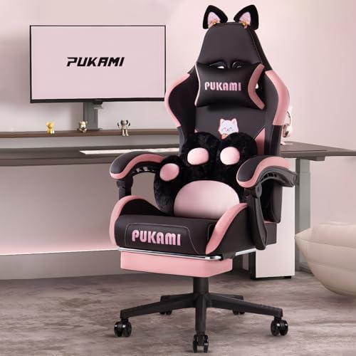 PUKAMI Pink Gaming Chair with Cute Cat Ears