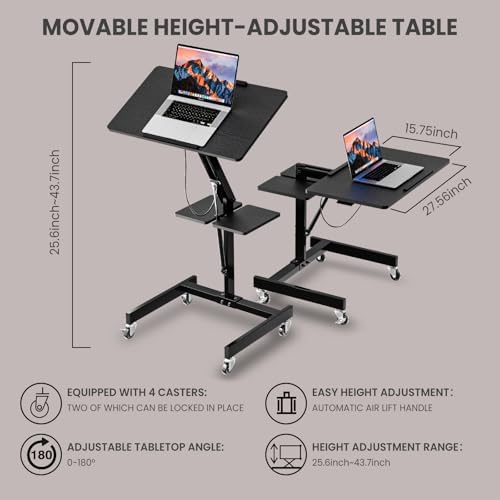 Mobile Standing Desk with Wheels, Height Adjustable Laptop Table, 27.56 Inch Portable Ergonomic Workstation with Locking Casters & Tilting Top, Black