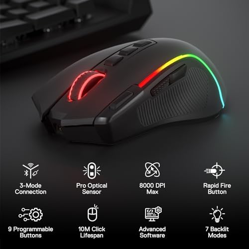 Redragon M612 Wireless RGB Optical Gaming Mouse 8000 DPI Remapping Keys