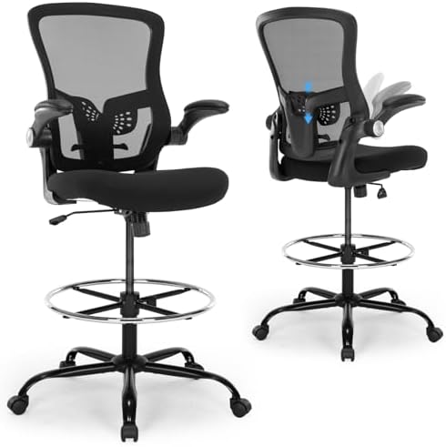 Drafting Chair, Ergonomic Tall Office Chair with Lumbar Support Standing Desk Stool with Flip-up Armrests Comfy High Office Desk Chair with Adjustable Foot Ring for Counter Height Desk, Black