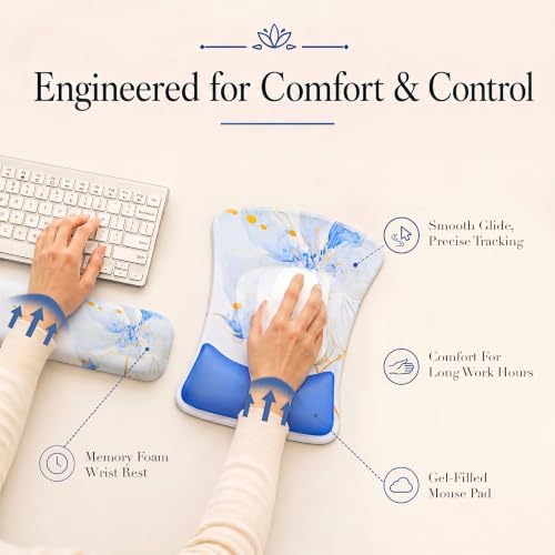 Gel Mouse Pad & Memory Foam Keyboard Wrist Rest Set, Blue Floral