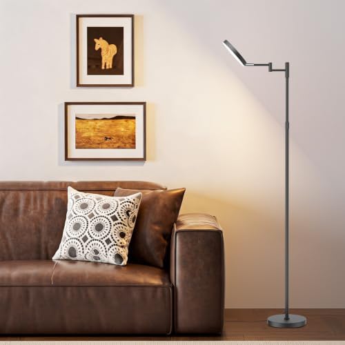 SIBRILLE LED Floor Lamp, 18W Adjustable Height Floor Lamp with Remote Control & 4 Color Temperatures, 350 Degree Swing Arms, Modern Dimmable Standing Lamp for Reading, Sewing and Craft, Black