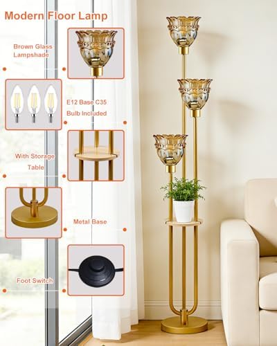 Lightdot Glass Floor Lamp with Shelf Amber Glass Flower Gold Floor Lamps
