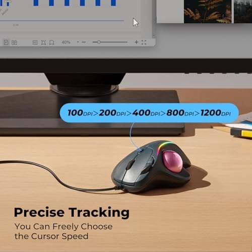 Wired Ergonomic Trackball Mouse, 34mm Thumb Control, RGB Lighting