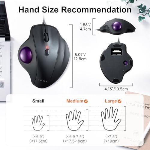 SANWA Wired Trackball Mouse, USB-C/A, Silent Clicks, Programmable, Purple