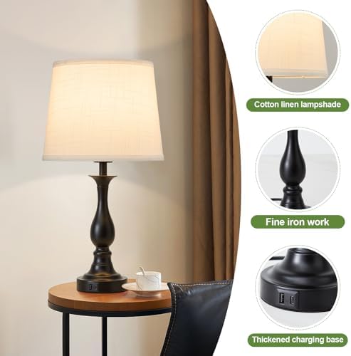 Bedside Table Lamp Touch Control Bedroom Lamps with USB A + C Charging Port 3 Way Dimmable Touch Lamps for Nightstand Living Room Bedroom Dorm Home Office Reading, Set of 2 (White Shade & Black Base)
