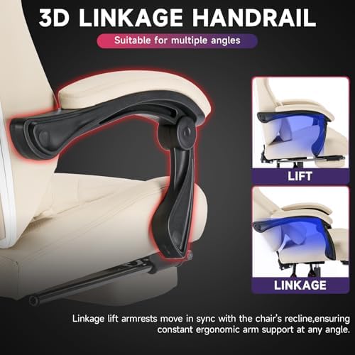 Gaming Chair with Footrest and Massage Lumbar Support, Ergonomic Computer Gamer Chair, Office Video Game Chairs with Adjustable Height and Backrest (Beige)