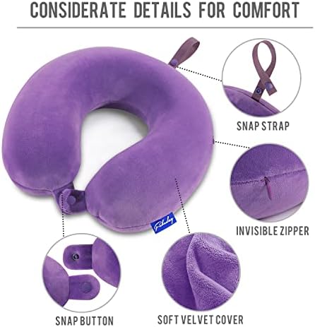 Neck Pillow for Travel Memory Foam - Airplane Pillows for Sleeping with Attachable Snap Strap Soft Washable Cover, Flight Pillow for Traveling, Car, Home, Provide Head Neck Support Rest Purple
