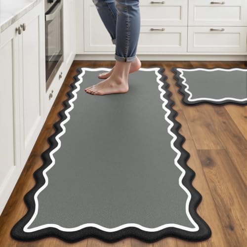 Arenarug Scalloped Kitchen Mats for Floor, Black Gray Kitchen Rugs Set of 2